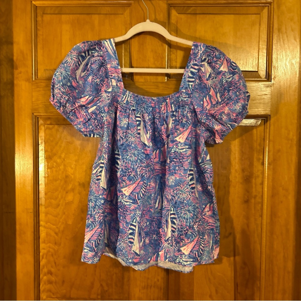 Lilly Pulitzer Keating Short Sleeve Linen Top Oca Blue Sailabration Sz 10-EUC - Picture 8 of 8